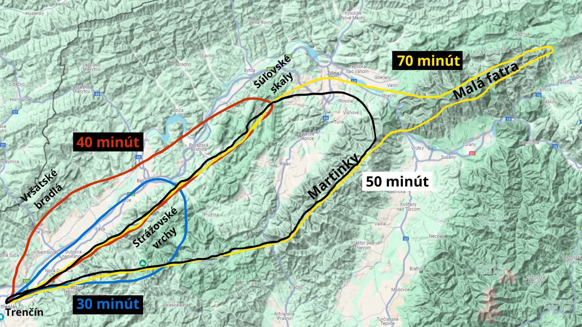 Vyhliadkový let z Trenčína mapa letu na východ