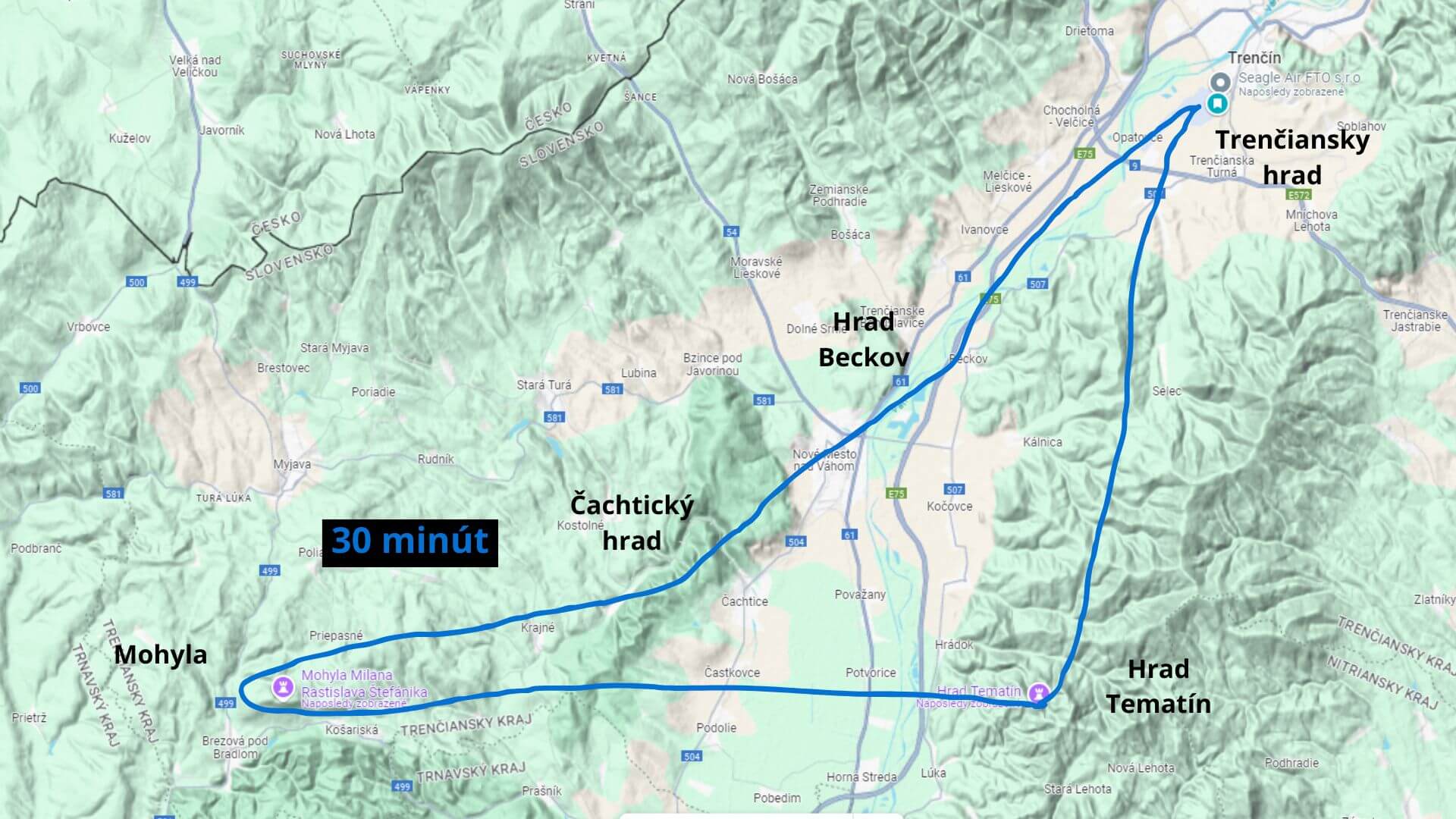 Vyhliadkový let z Trenčína mapa letu na západ